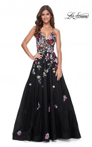 Picture of: Multi Color Sequin Floral Applique A-Line Prom Dress in Black, Style: 32051, Detail Picture 2