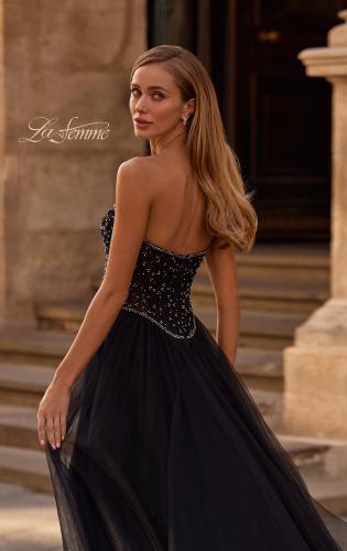 Picture of: Strapless Tulle Gown with Unique Beaded Sheer Top in Black , Style 32856, Detail Picture 2