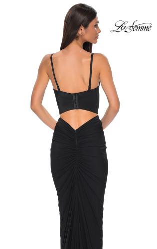 Picture of: Fitted Prom Dress with Ruching and Corset Bra Top in Black , Style 32996, Detail Picture 2