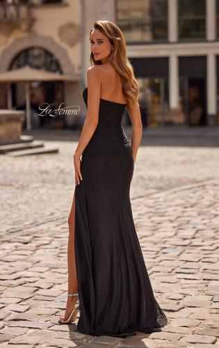 Picture of: Strapless Corset Gown with High Slit and Ruched Jersey Skirt in Black, Style: 33465, Detail Picture 2