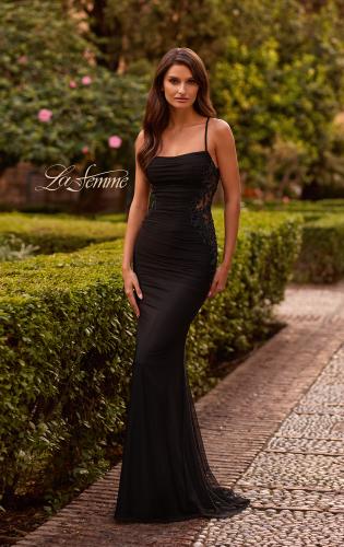 Picture of: Beaded Mesh Lace-Up Gown with Straight Neckline in Black, Style: 33678, Detail Picture 2