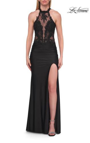 Picture of: High Neck Rhinestone Illusion Gown with Slit and Lace-Up Back in Black, Style: 33766, Detail Picture 2