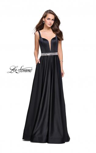 Picture of: Satin Prom Dress with A Line Skirt and Beaded Belt in Black, Style: 24821, Detail Picture 3