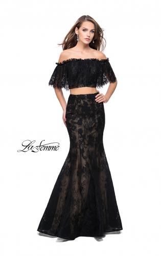 Picture of: Two Piece Mermaid Style Gown with Off the Shoulder Top in Black, Style: 25417, Detail Picture 3