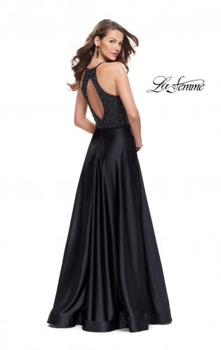 Picture of: Satin A-line Ball Gown Featuring Beading and a High Neck in Black, Style: 25601, Detail Picture 3