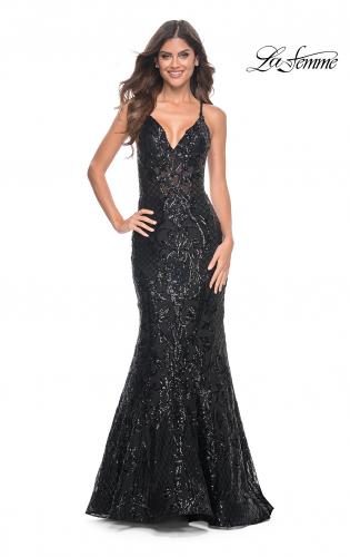 Picture of: Mermaid Print Sequin Dress with Lace Up Open Back in Black, Style: 31943, Detail Picture 3