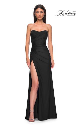 Picture of: Strapless Prom Dress with Side Ruching and Lace Up Back in Black , Style 33012, Detail Picture 3