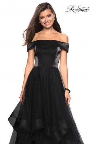 Picture of: Elegant Off the Shoulder Tulle Layered Ball Gown in Black, Style: 27224, Detail Picture 4
