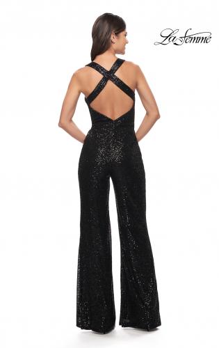 Picture of: Long Sequin Jumpsuit with Criss Cross Back in Black, Style: 28719, Detail Picture 4