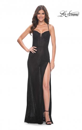 Picture of: Fishnet Rhinestone Prom Dress with Bustier Top and High Slit in Black, Style: 32210, Detail Picture 4