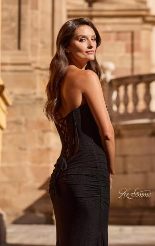 Picture of: Strapless Corset Gown with Lace-Up Back and High Slit in Black, Style: 33199, Detail Picture 4