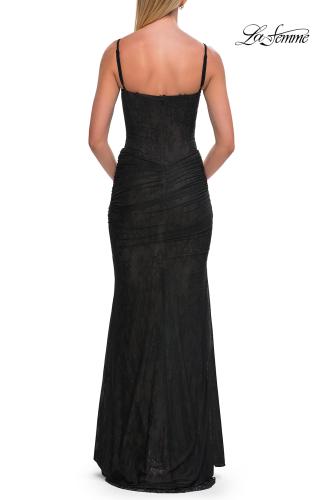 Picture of: Ruched Beaded Mesh and Lace Gown with V-Neckline in Black, Style: 33632, Detail Picture 4