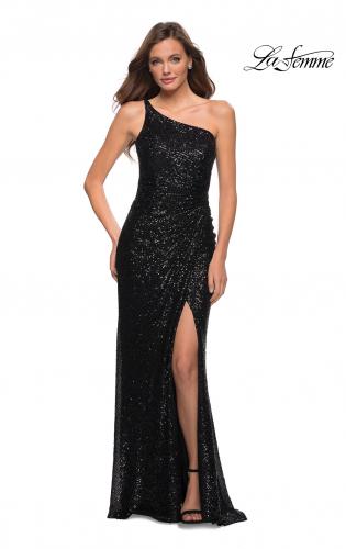 Picture of: Sequin Gown with One Shoulder Top and Open Back in Black, Style 29962, Detail Picture 5