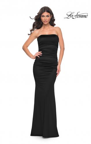 Picture of: Strapless Stretch Satin Dress with Ruching in Black, Style: 32300, Detail Picture 5