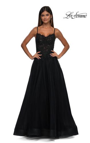 Picture of: Lace and Tulle A-line Prom Dress with High Slit in Black , Style: 32646, Detail Picture 5