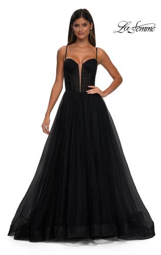 Picture of: Tulle Prom Dress with A-Line Skirt and Ruched Corset Top in Black, Style: 32700, Detail Picture 5
