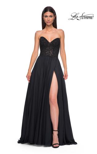 Picture of: Chiffon Gown with High Slit and Strapless Lace Top in Black , Style 32804, Detail Picture 5
