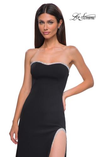 Picture of: Strapless Jersey Dress with Rhinestone Neckline and Slit Detail in Black , Style 32825, Detail Picture 5