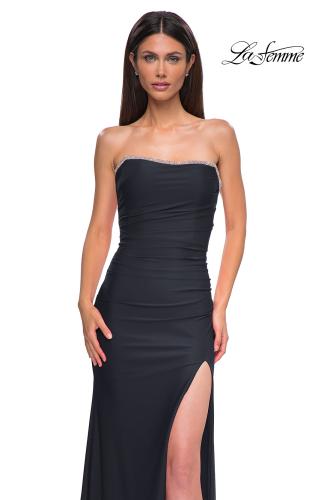 Picture of: Strapless Jersey Dress with Lace Up Back and Rhinestone Neckline in Black , Style 32931, Detail Picture 5