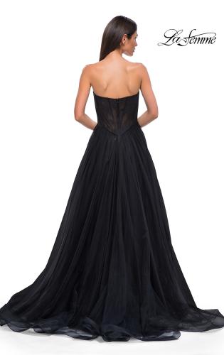 Picture of: A-line Tulle Gown with Lace Corset Bodice and Slit in Black , Style 32579, Detail Picture 6