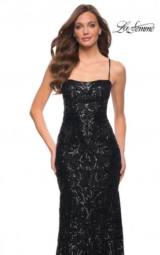 Picture of: Print Sequin Long Dress with Lace Up Back in Black, Style 29638, Detail Picture 7