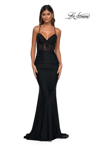 Picture of: Lace and Jersey Dress with Ruched Skirt and V Neckline in Black, Style: 32217, Detail Picture 7