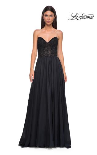 Picture of: Chiffon Gown with High Slit and Strapless Lace Top in Black , Style 32804, Detail Picture 7