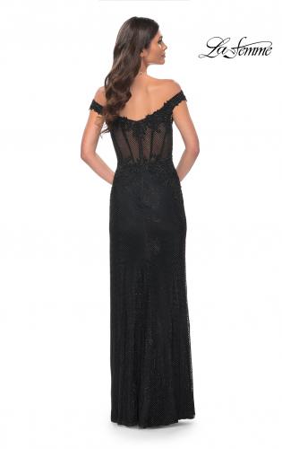 Picture of: Off the Shoulder Rhinestone Fishnet Gown with Lace Details in Black, Style: 32116, Detail Picture 15