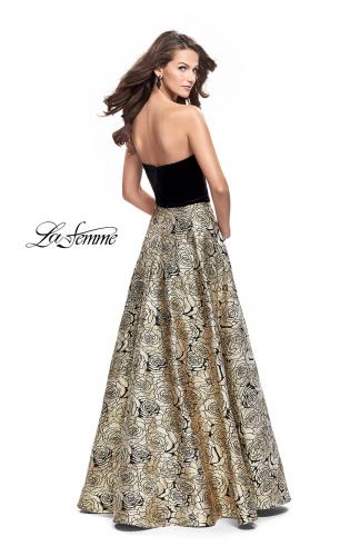 Picture of: Strapless Ball Gown with Velvet Bodice and Rose Print Skirt in Black Gold, Style: 25581, Back Picture
