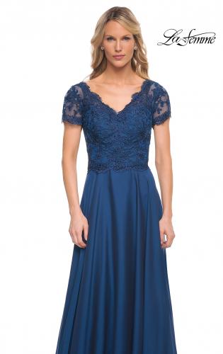 Picture of: Long Chiffon Dress with Lace Bodice and Pockets in Midnight Blue, Style: 27098, Detail Picture 6