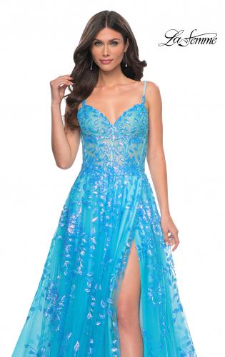 Picture of: Sequin Lace Print Tulle A-Line Prom Dress with Illusion Bodice in Blue, Style: 32223, Detail Picture 8