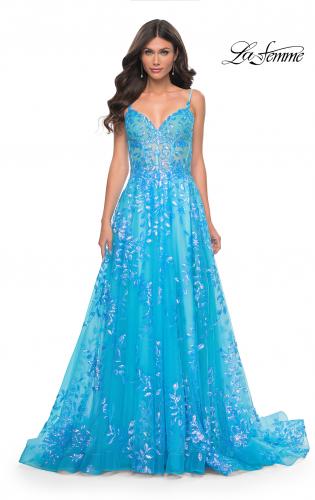 Picture of: Sequin Lace Print Tulle A-Line Prom Dress with Illusion Bodice in Blue, Style: 32223, Detail Picture 6