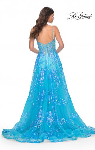 Picture of: Sequin Lace Print Tulle A-Line Prom Dress with Illusion Bodice in Blue, Style: 32223, Detail Picture 7