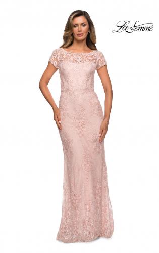 Picture of: Long Lace Evening Dress with Sheer Cap Sleeves in Blush, Style: 27856, Detail Picture 3