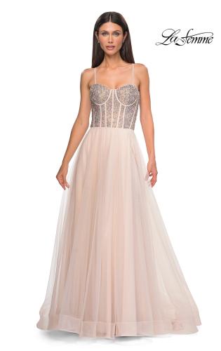 Picture of: Rhinestone Embellished Corset with Lace Up Back and Tulle Skirt in Blush , Style 32703, Detail Picture 8