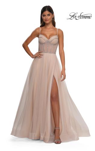 Picture of: Tulle A-line Prom Dress with Rhinestone Detail on Corset Top in Blush, Style: 32675, Detail Picture 9