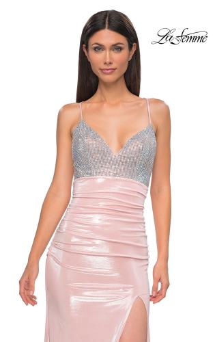 Picture of: Metallic Jersey Ruched Prom Dress with Rhinestone Bodice in Blush , Style 32793, Detail Picture 9
