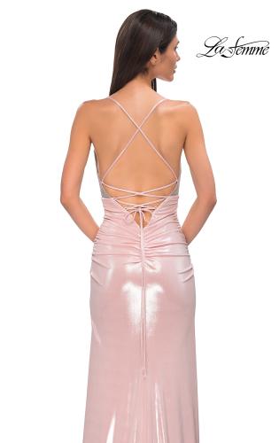 Picture of: Metallic Jersey Ruched Prom Dress with Rhinestone Bodice in Blush , Style 32793, Detail Picture 10