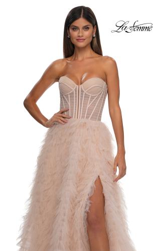 Picture of: Soft Ruffle Tulle Gown with an Illusion Corset Style Top in Blush , Style: 32528, Detail Picture 11