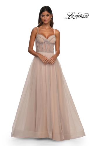 Picture of: Tulle A-line Prom Dress with Rhinestone Detail on Corset Top in Blush, Style: 32675, Detail Picture 11