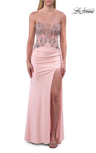Picture of: Strapless Embellished Corset Gown with High Slit and Lace-Up Back in Blush, Style: 33761, Detail Picture 13