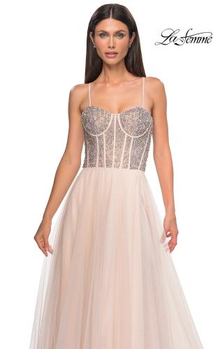 Picture of: Rhinestone Embellished Corset with Lace Up Back and Tulle Skirt in Blush , Style 32703, Detail Picture 14