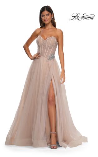 Picture of: Strapless A-line Tulle Dress with Floral Waist Detail in Blush, Style: 32789, Detail Picture 14