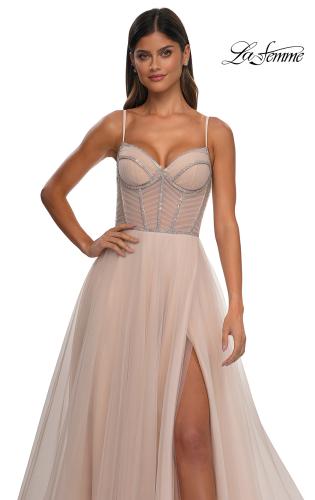 Picture of: Tulle A-line Prom Dress with Rhinestone Detail on Corset Top in Blush, Style: 32675, Detail Picture 17