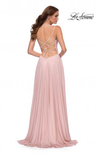 Picture of: Metallic Crepe Chiffon Gown with Ruching and Full Skirt in Blush, Style 29775, Back Picture