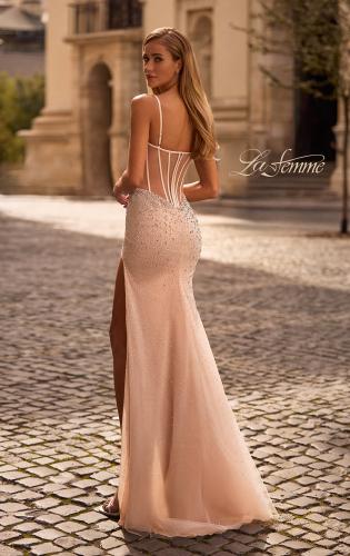 Picture of: Fitted Net Dress with Rhinestones and U Slit in Blush , Style 32840, Back Picture