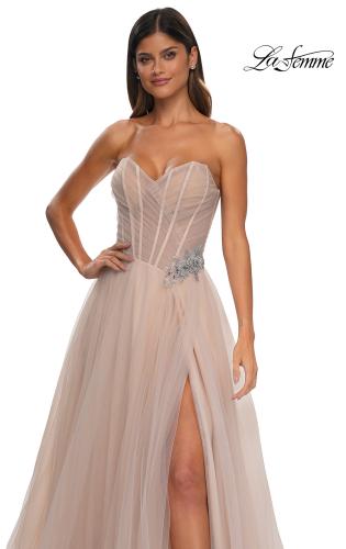 Picture of: Strapless A-line Tulle Dress with Floral Waist Detail in Blush, Style: 32789, Detail Picture 25