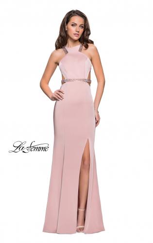 Picture of: Beaded Form Fitting Long Prom Dress with Leg Slit in Blush, Style: 26129, Detail Picture 2