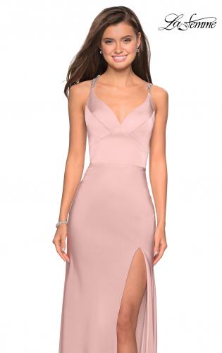 Picture of: Form Fitting Prom Dress with Slit and Beaded Straps in Blush, Style: 27519, Detail Picture 3