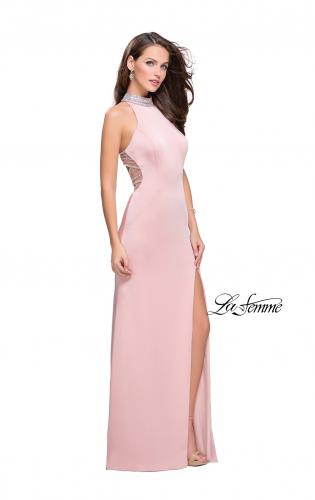 Picture of: Jersey Prom Gown with Metallic Beading and Leg Slit in Blush, Style: 25767, Detail Picture 2